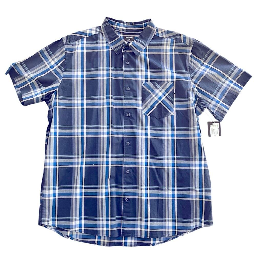 NEW Hurley Compton Sleeve Button Front Blue Plaid Shirt size XXL Classic Fit